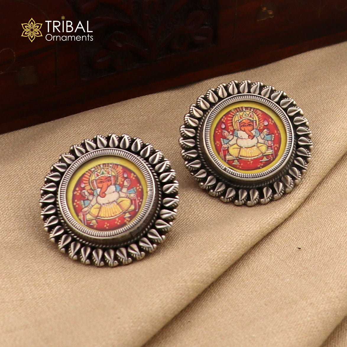 925 sterling silver Lord Ganesha miniature art painting hoops earrings by TRIBAL ORNAMENTS showcasing detailed Ganesha design
