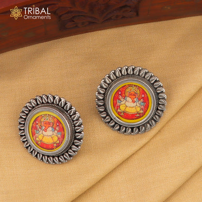 925 sterling silver Lord Ganesha miniature art painting hoops earrings by Tribal Ornaments, featuring detailed Ganesha design.