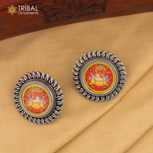 925 sterling silver Lord Ganesha miniature art painting hoops earrings by Tribal Ornaments, featuring detailed Ganesha design.