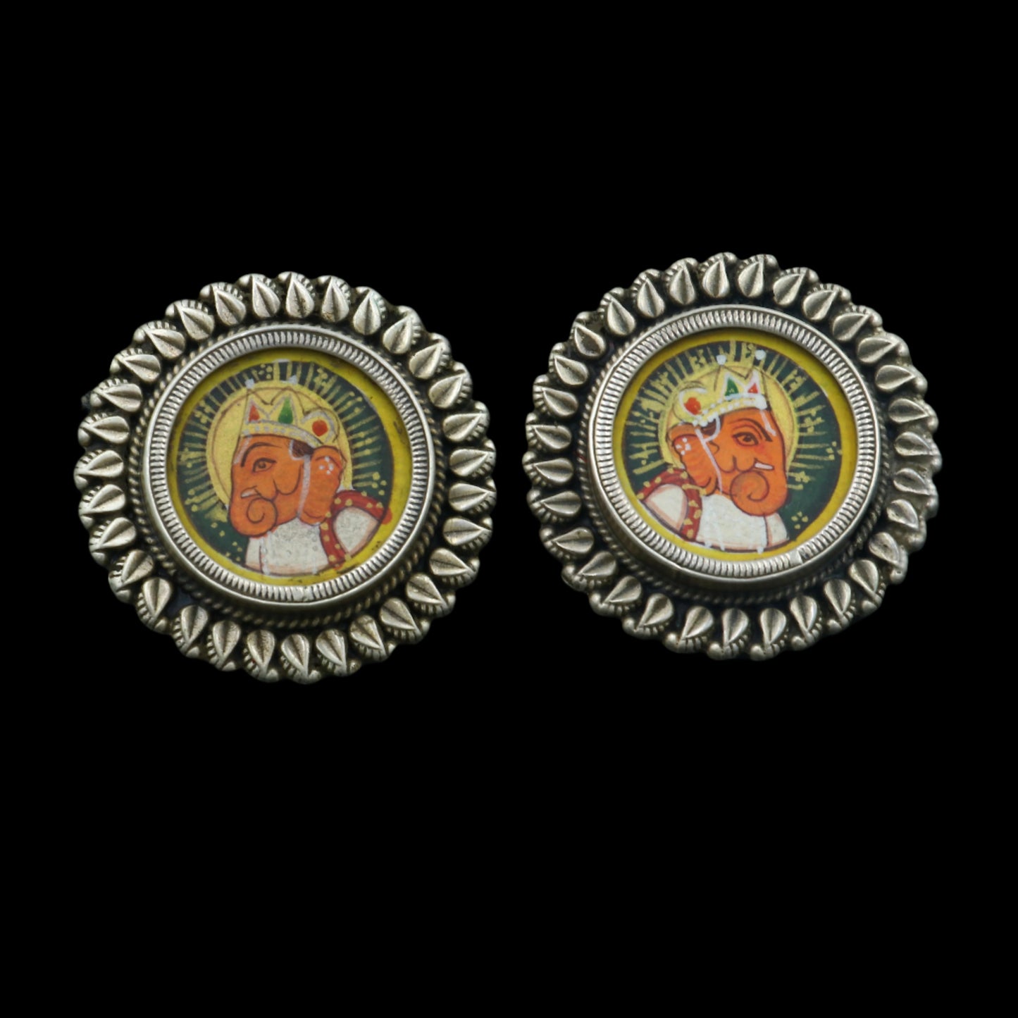 925 sterling silver Lord Ganesha miniature painting hoops earrings by TRIBAL ORNAMENTS with intricate Ganesha artwork.