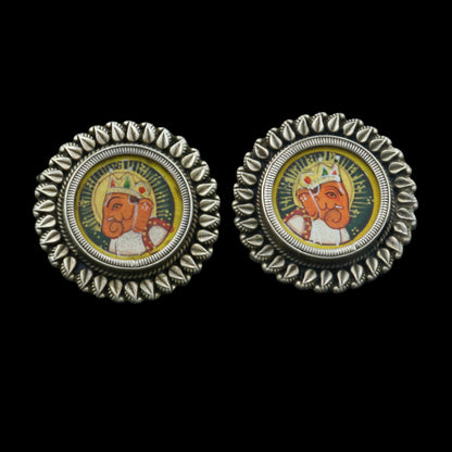 925 sterling silver Lord Ganesha miniature painting hoops earrings by TRIBAL ORNAMENTS with intricate Ganesha artwork.