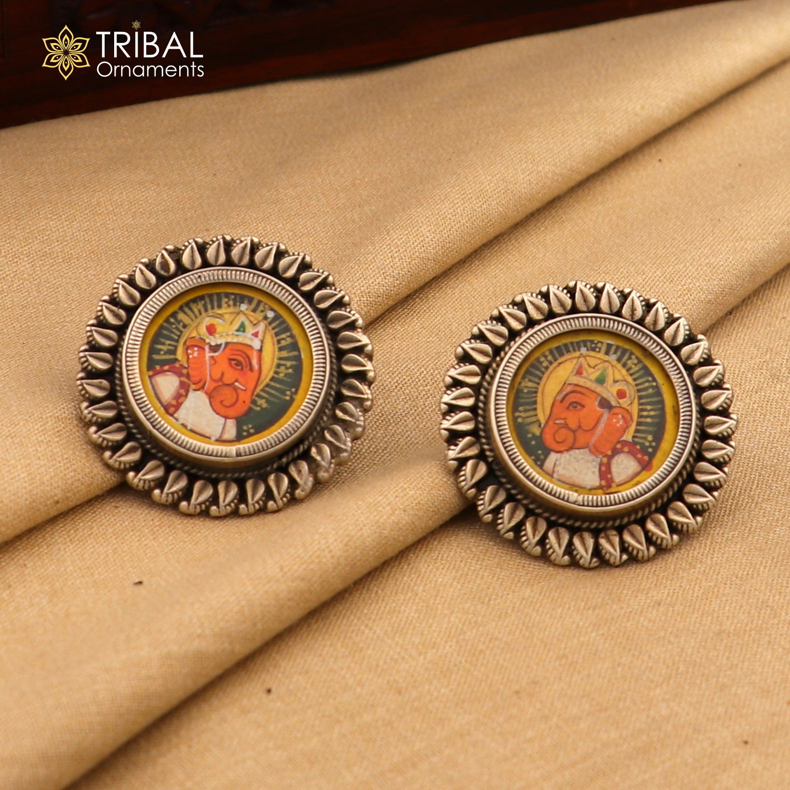 925 sterling silver Lord Ganesha miniature art painting hoops earrings by Tribal Ornaments featuring detailed Ganesha design.