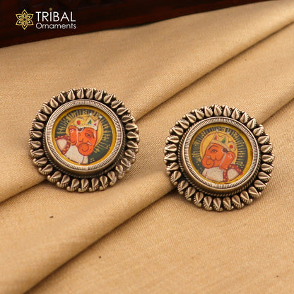 925 sterling silver Lord Ganesha miniature art painting hoops earrings by Tribal Ornaments featuring detailed Ganesha design.