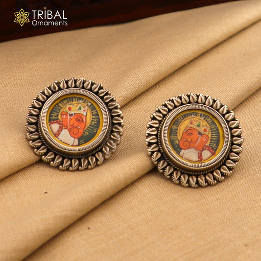 925 sterling silver Lord Ganesha miniature art painting hoops earrings by Tribal Ornaments featuring detailed Ganesha design.