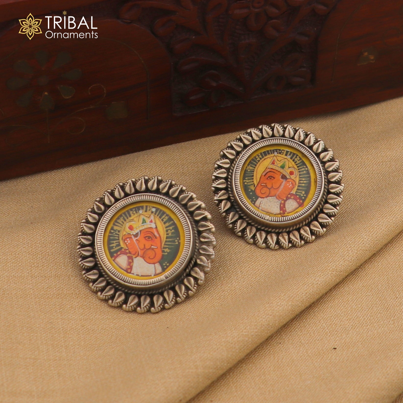 925 sterling silver Lord Ganesha miniature art hoops earrings with detailed painting design by TRIBAL ORNAMENTS