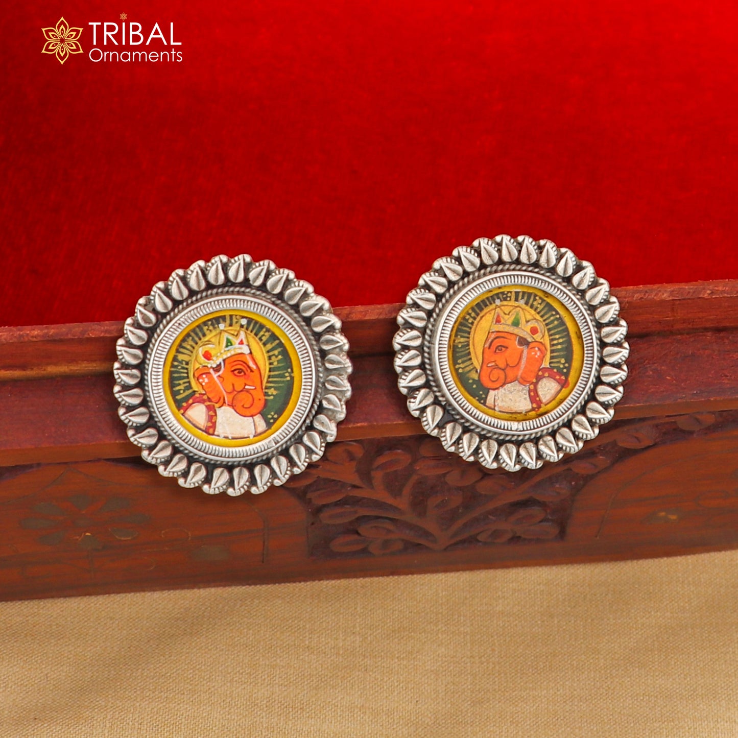 Sterling silver Lord Ganesha miniature painting hoops earrings from Tribal Ornaments, detailed Ganesha art jewelry.