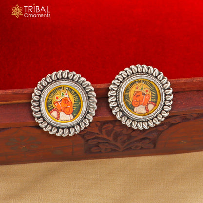 Sterling silver Lord Ganesha miniature painting hoops earrings from Tribal Ornaments, detailed Ganesha art jewelry.