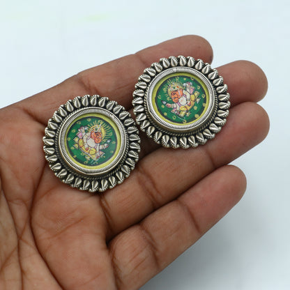 925 sterling silver Lord Ganesha miniature art hoops earrings with detailed Ganesha painting from TRIBAL ORNAMENTS.