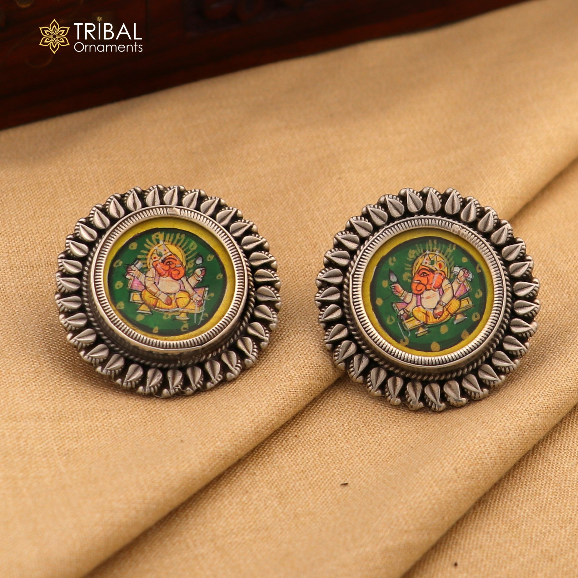 Sterling silver Lord Ganesha miniature painting hoops earrings by TRIBAL ORNAMENTS featuring detailed Ganesha artwork.