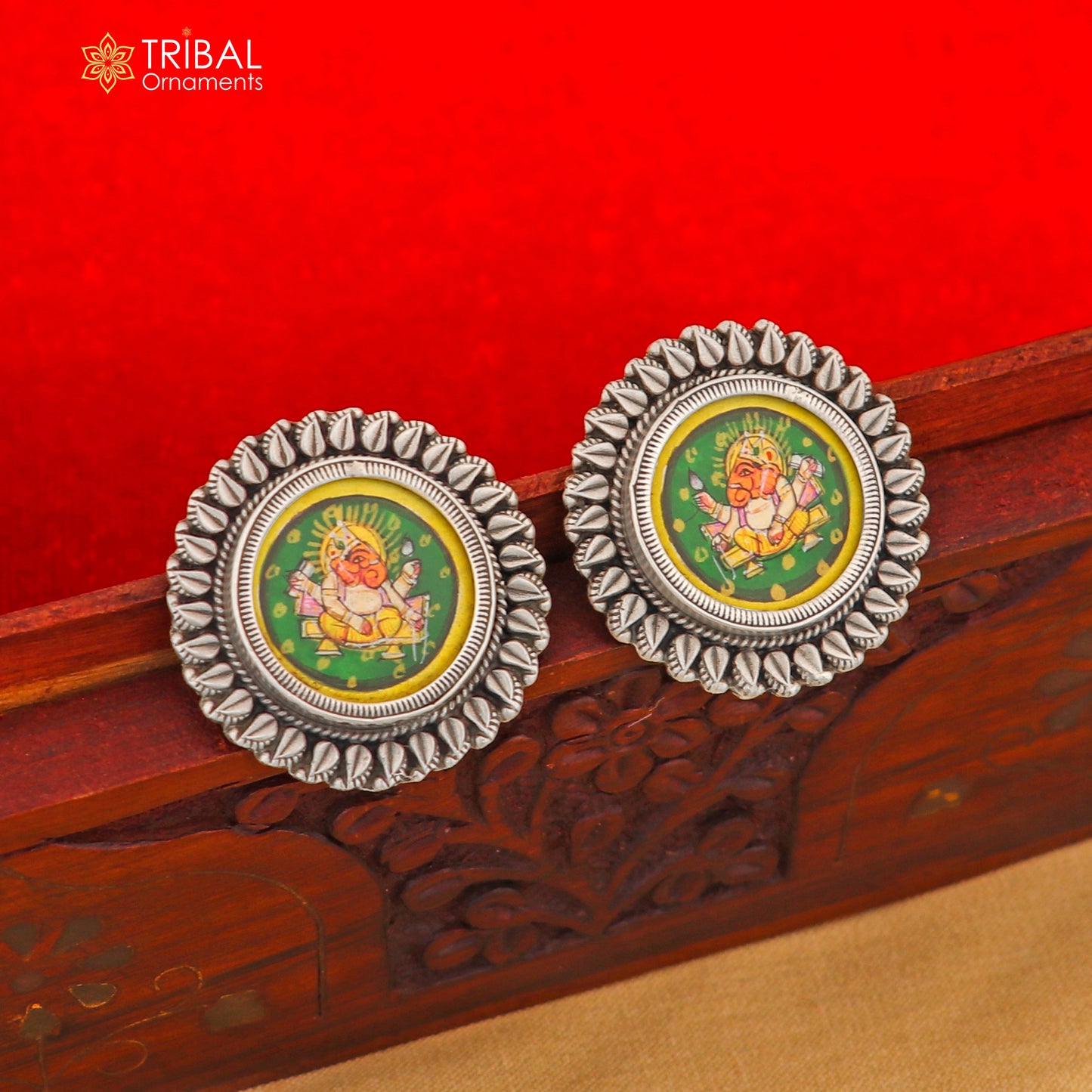 925 sterling silver Lord Ganesha miniature painting hoops earrings by TRIBAL ORNAMENTS featuring detailed Ganesha art design