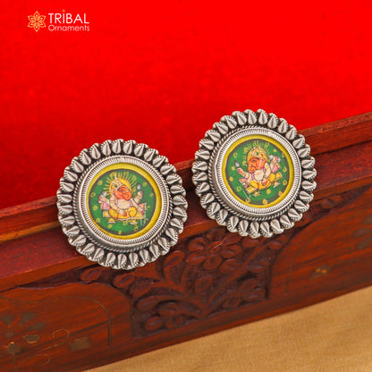 925 sterling silver Lord Ganesha miniature painting hoops earrings by TRIBAL ORNAMENTS featuring detailed Ganesha art design