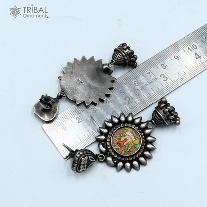 Sterling silver Lord Ganesha miniature painting hoops earrings by TRIBAL ORNAMENTS featuring detailed Ganesha artwork.