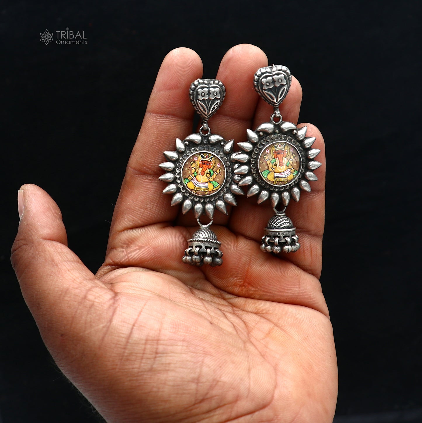 925 sterling silver Lord Ganesha miniature painting on hoops earrings by TRIBAL ORNAMENTS, detailed silver jewelry with Ganesha design
