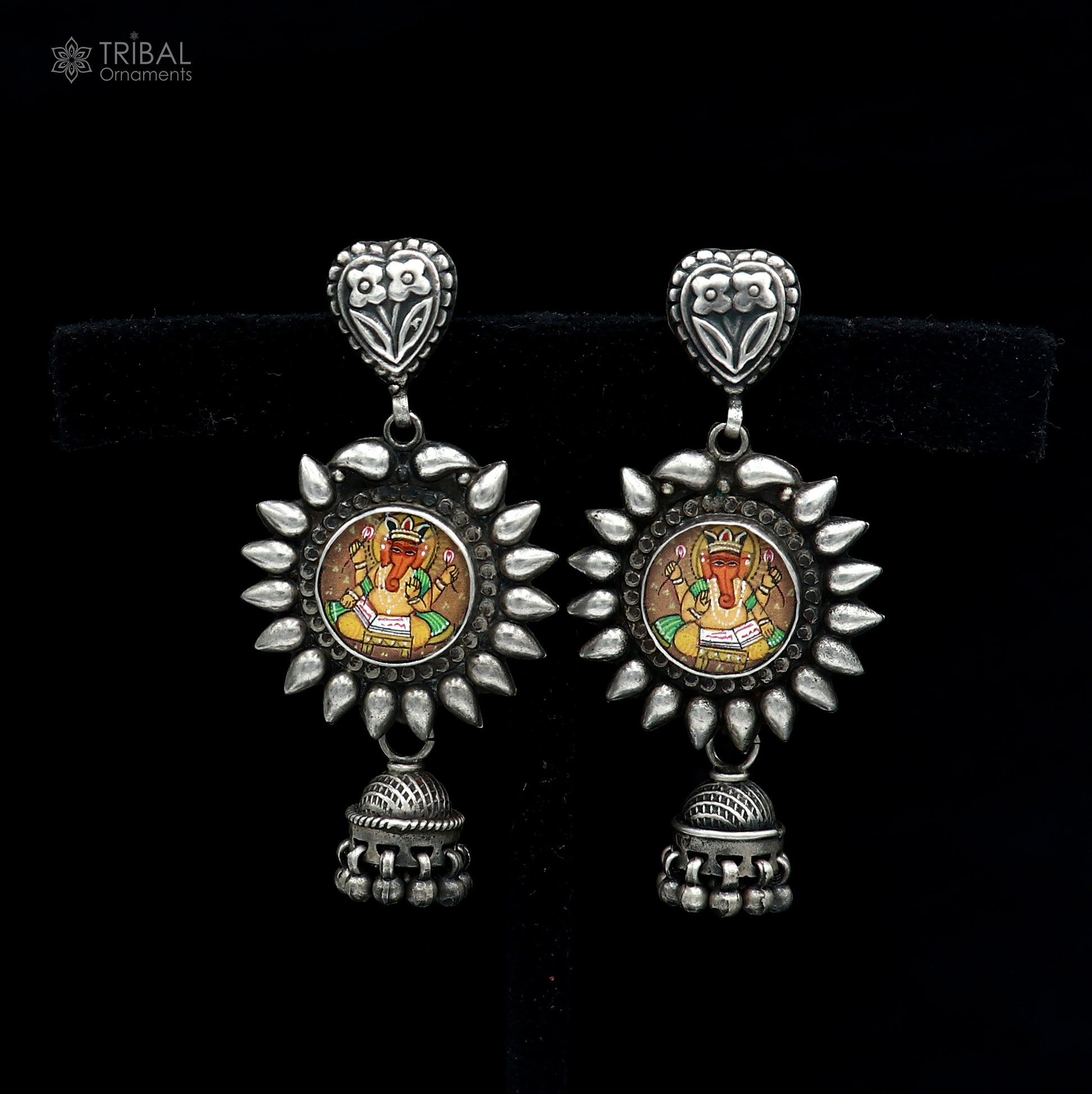 Sterling silver Lord Ganesha miniature art painting hoops earrings by TRIBAL ORNAMENTS featuring detailed Ganesha design.