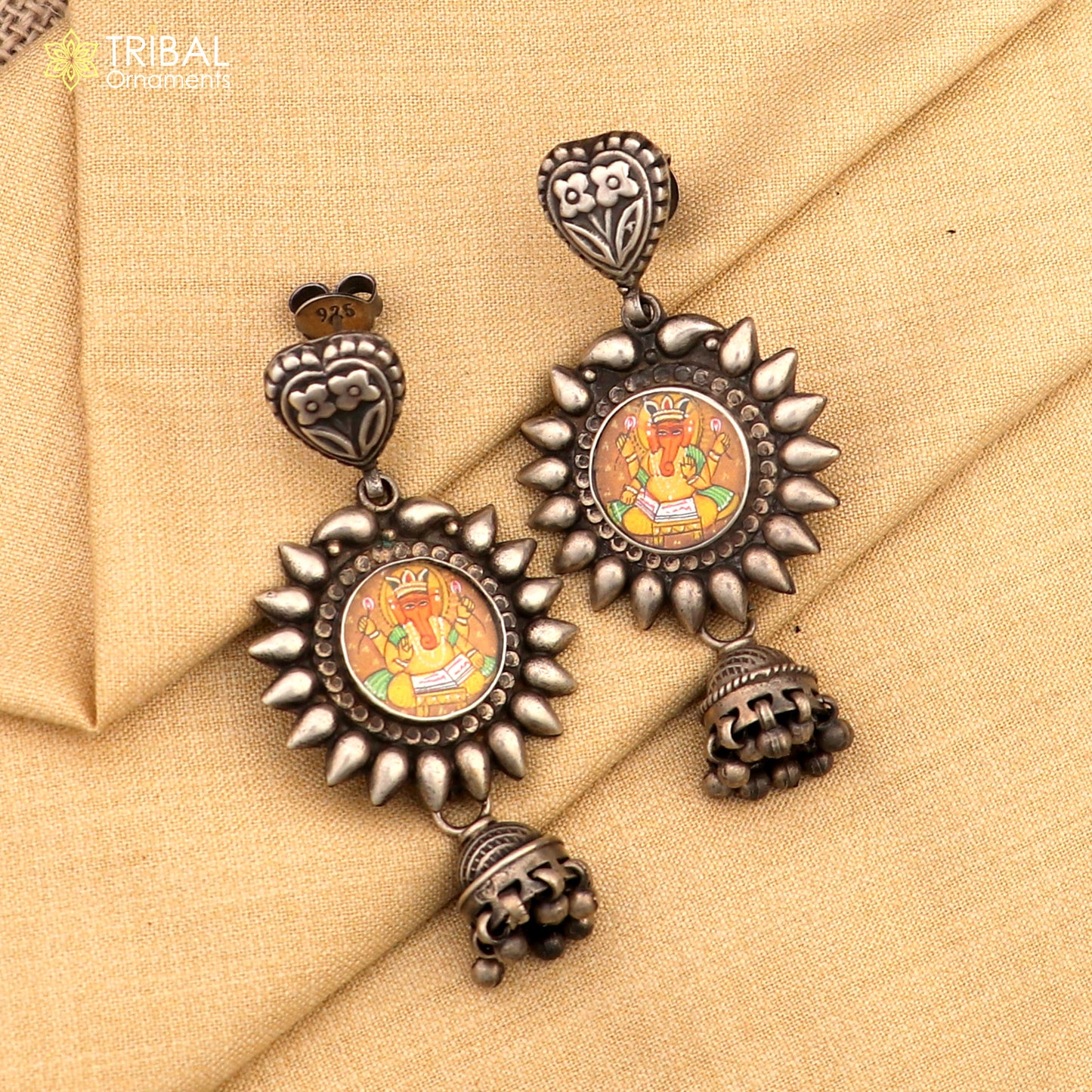 Sterling silver Lord Ganesha miniature art painting hoops earrings by Tribal Ornaments featuring detailed Ganesha design.