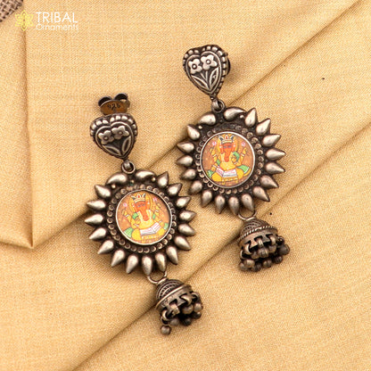 Sterling silver Lord Ganesha miniature art painting hoops earrings by Tribal Ornaments featuring detailed Ganesha design.