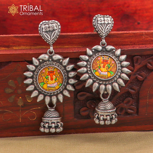 Sterling silver Lord Ganesha miniature art earrings with painted Ganesha design, hoops style, by Tribal Ornaments.