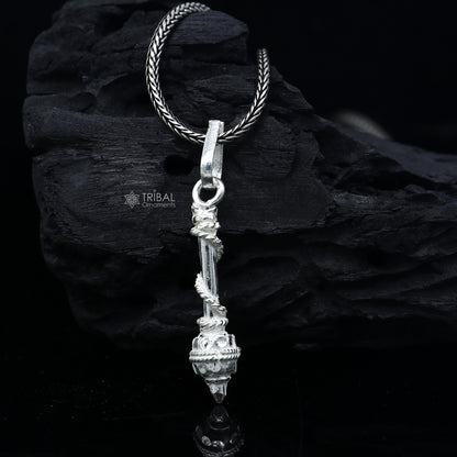 925 sterling silver Lord Hanuman Gada pendant with Gota design, featuring intricate craftsmanship in a divine jewelry piece.