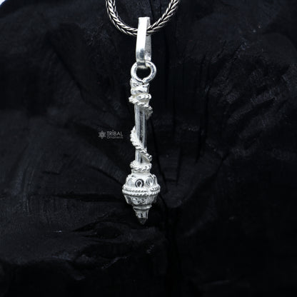 925 sterling silver Lord Hanuman Gada pendant with divine weapon Gota, detailed tribal ornament design.