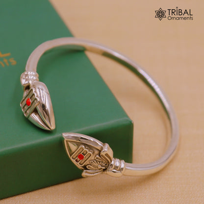 Unisex 925 sterling silver Lord Kartikeya adjustable bangle cuff bracelet with intricate tribal design.