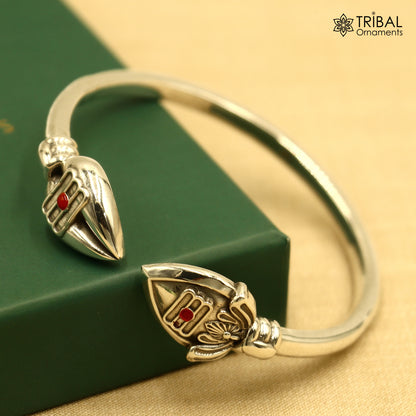 Unisex 925 sterling silver Lord Kartikeya adjustable bangle cuff bracelet with intricate tribal design by TRIBAL ORNAMENTS.