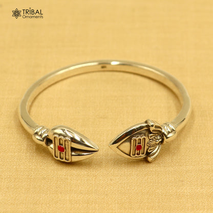 Unisex 925 sterling silver Lord Kartikeya adjustable bangle cuff bracelet with intricate tribal design.
