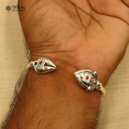 Unisex 925 sterling silver Lord Kartikeya adjustable bangle cuff bracelet with intricate tribal design from TRIBAL ORNAMENTS.