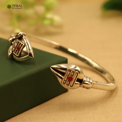 Unisex 925 sterling silver Lord Kartikeya adjustable bangle cuff bracelet with intricate tribal design by Tribal Ornaments.