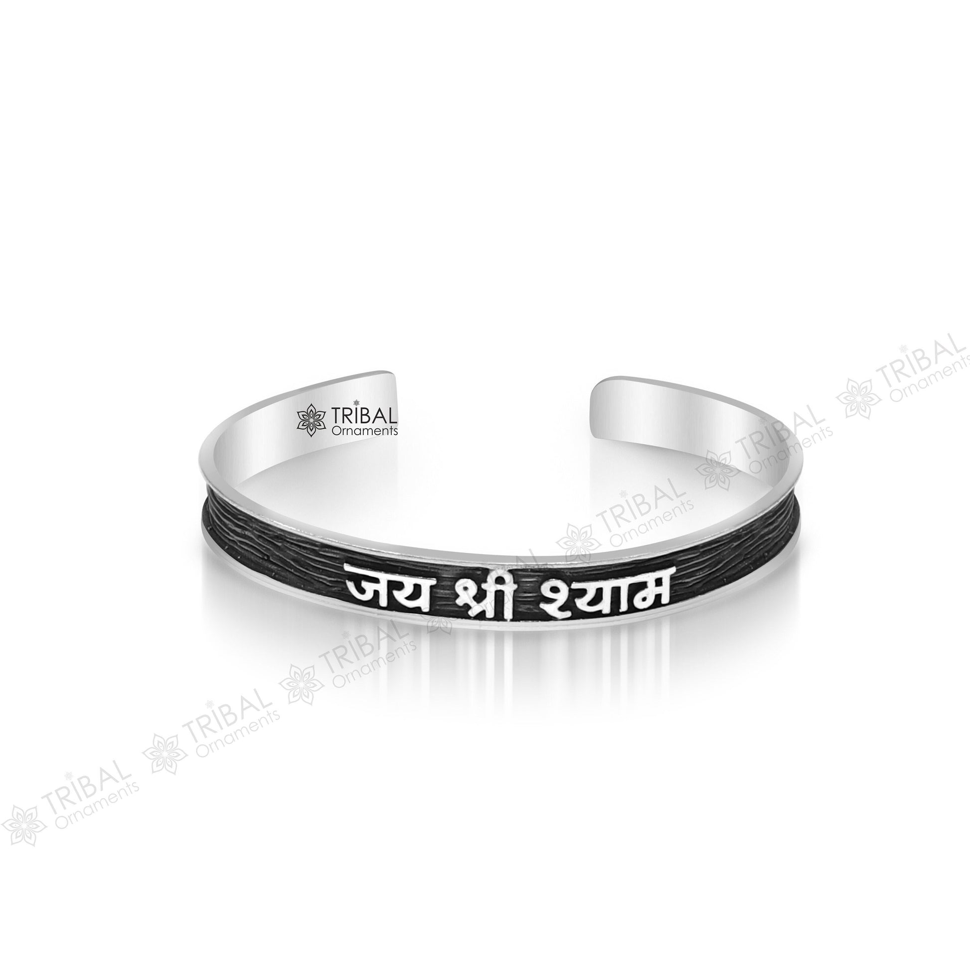 925 Sterling silver Lord Krishna mantra "JAI SHRI SHYAM" adjustable bangle cuff for men and women, featuring intricate tribal design.