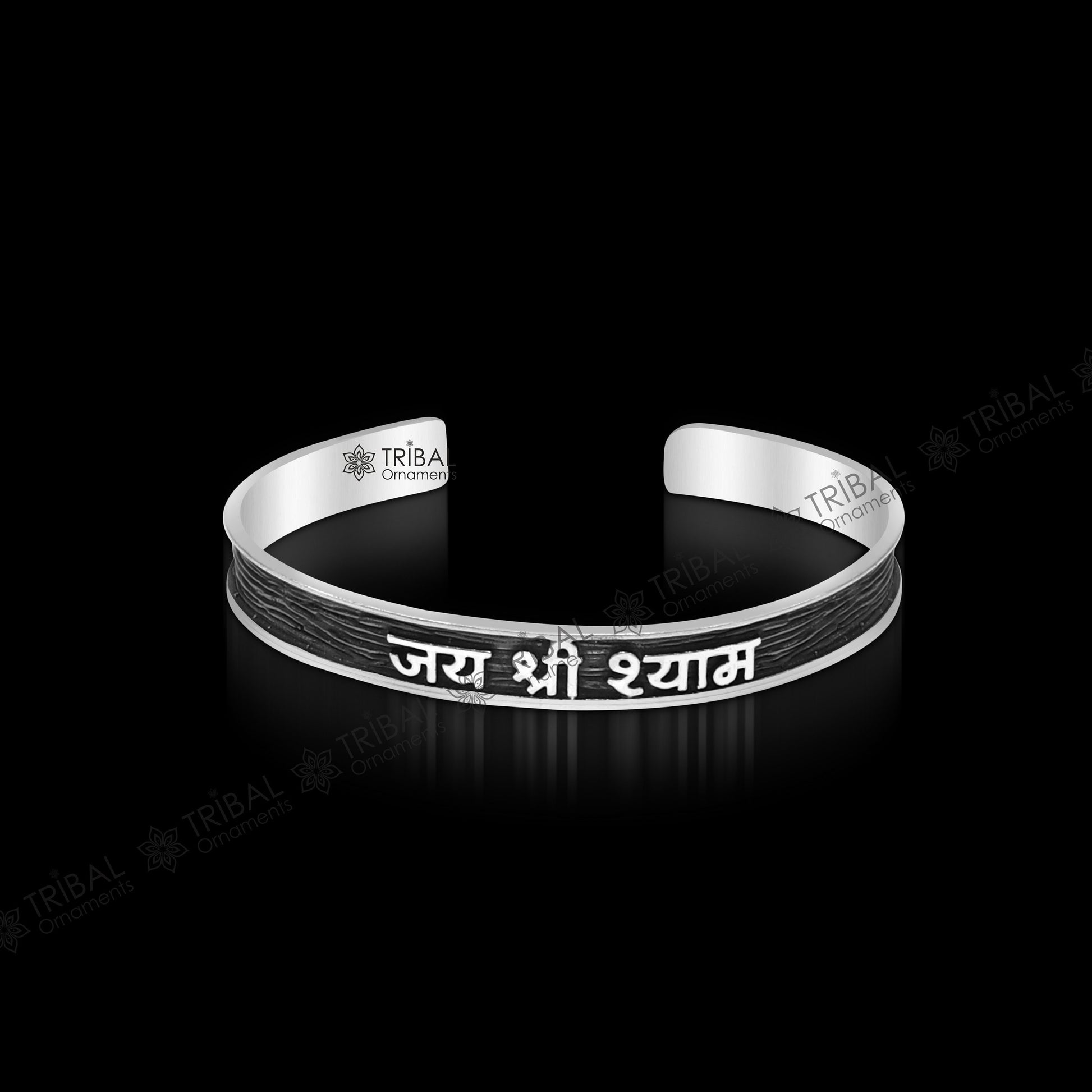 925 Sterling silver Lord Krishna mantra adjustable bangle cuff for men and girls, featuring Jai Shree Shyam engraving.