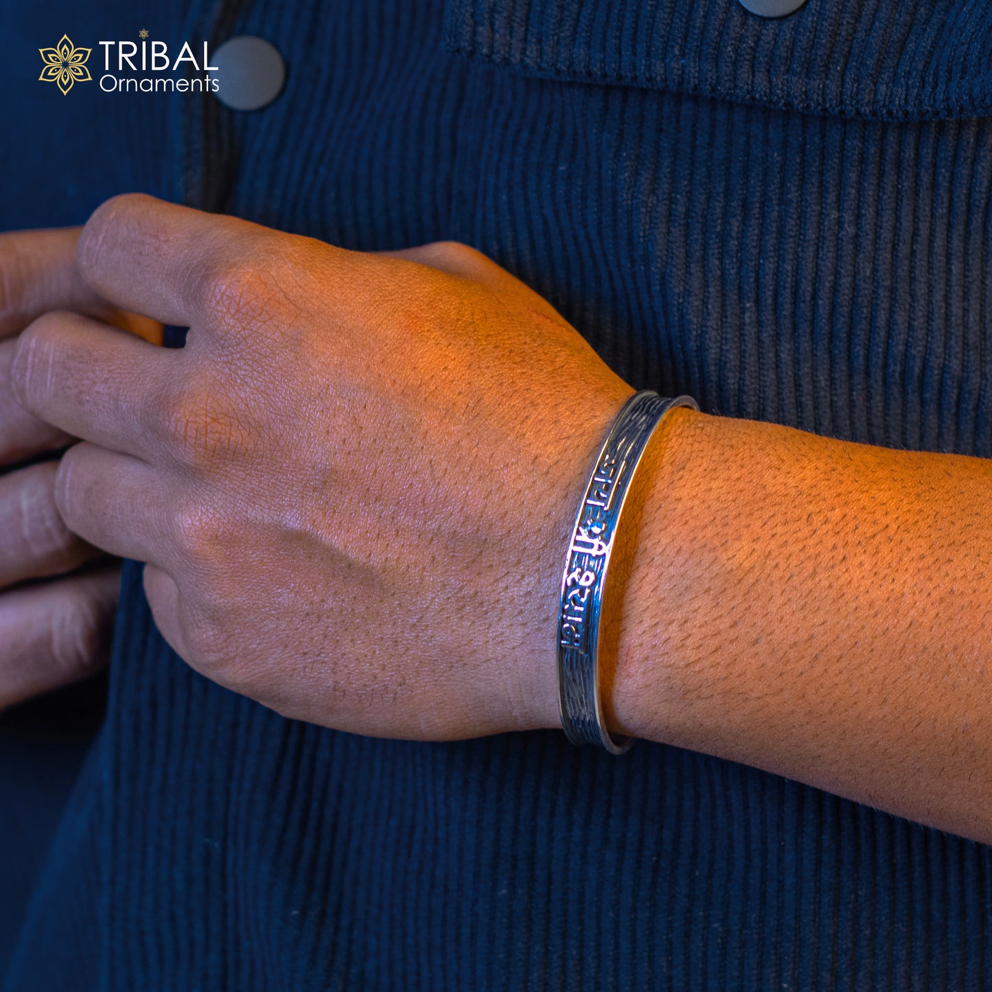 Sterling silver Lord Krishna mantra "JAI SHRI SHYAM" adjustable bangle cuff for men and women by TRIBAL ORNAMENTS.