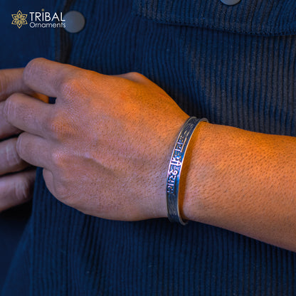 Sterling silver Lord Krishna mantra "JAI SHRI SHYAM" adjustable bangle cuff for men and women by TRIBAL ORNAMENTS.