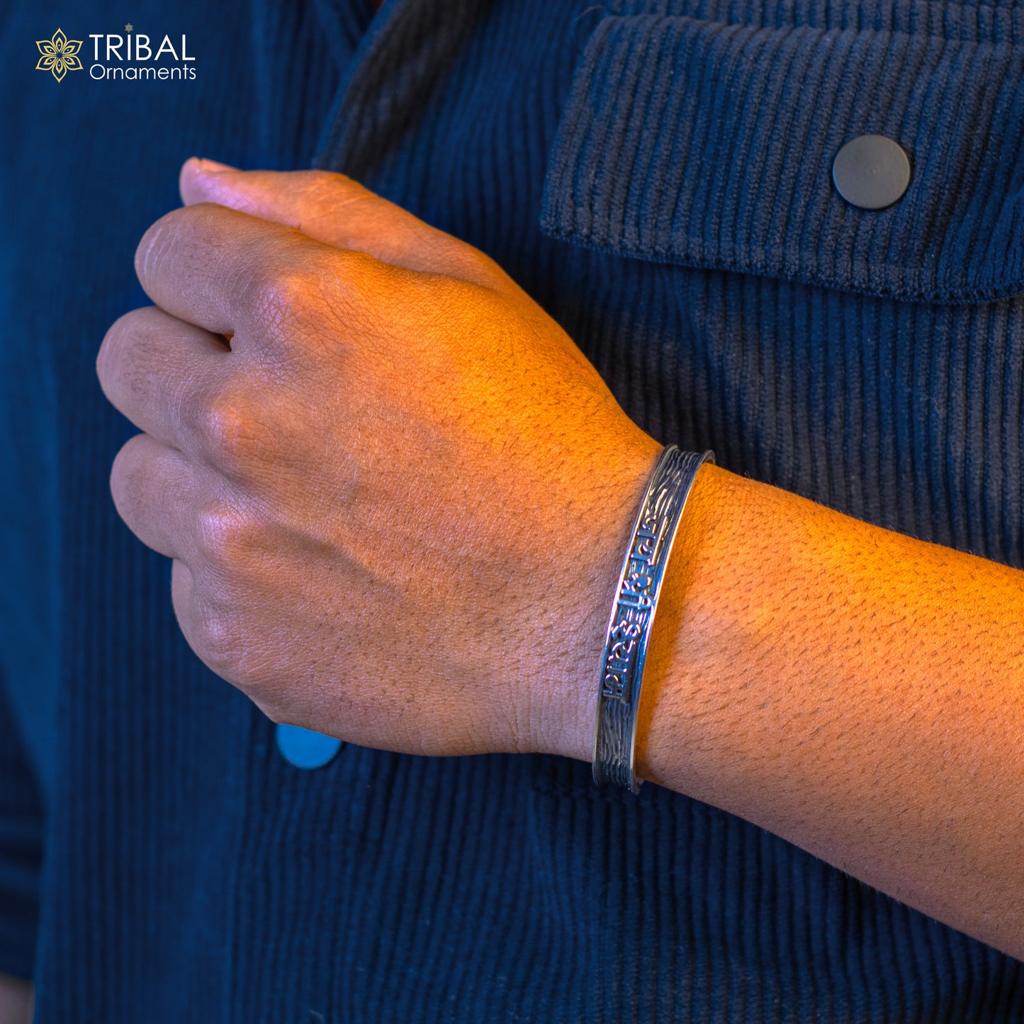 925 Sterling silver Lord Krishna mantra "JAI SHRI SHYAM" adjustable bangle cuff for men and girls, tribal design jewelry.