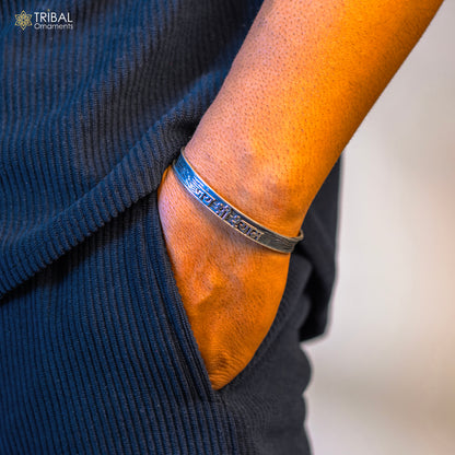 Sterling silver Lord Krishna mantra "JAI SHRI SHYAM" adjustable bangle cuff bracelet for men and girls, tribal ornament style.