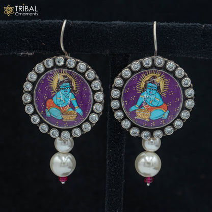 925 sterling silver lord krishna miniature art Painting hoops earring s1365 - TRIBAL ORNAMENTS