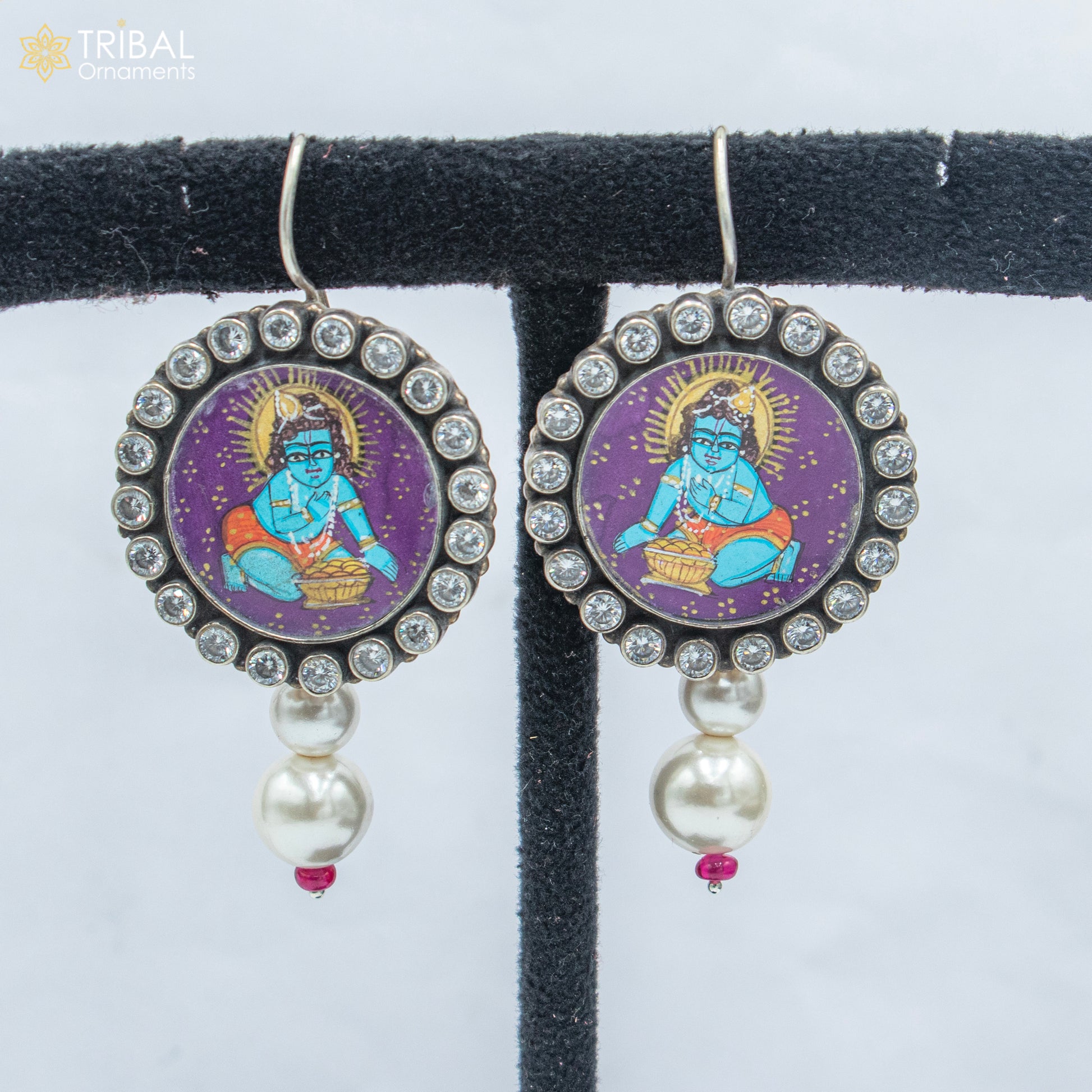 925 sterling silver Lord Krishna miniature art painting hoops earrings by TRIBAL ORNAMENTS featuring detailed Krishna design.