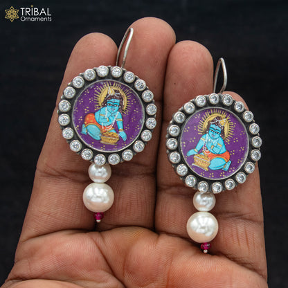 925 Sterling Silver Lord Krishna miniature art painting hoops earrings by TRIBAL ORNAMENTS featuring detailed Hindu deity design