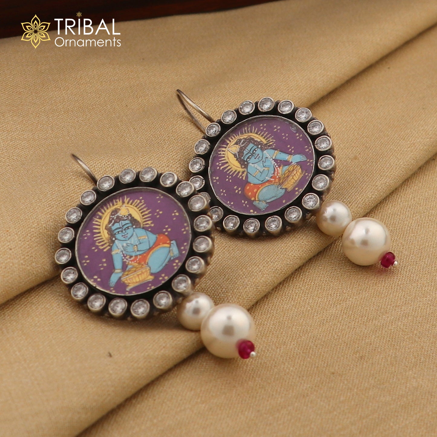 925 sterling silver Lord Krishna miniature art painting hoops earrings by TRIBAL ORNAMENTS featuring detailed traditional design