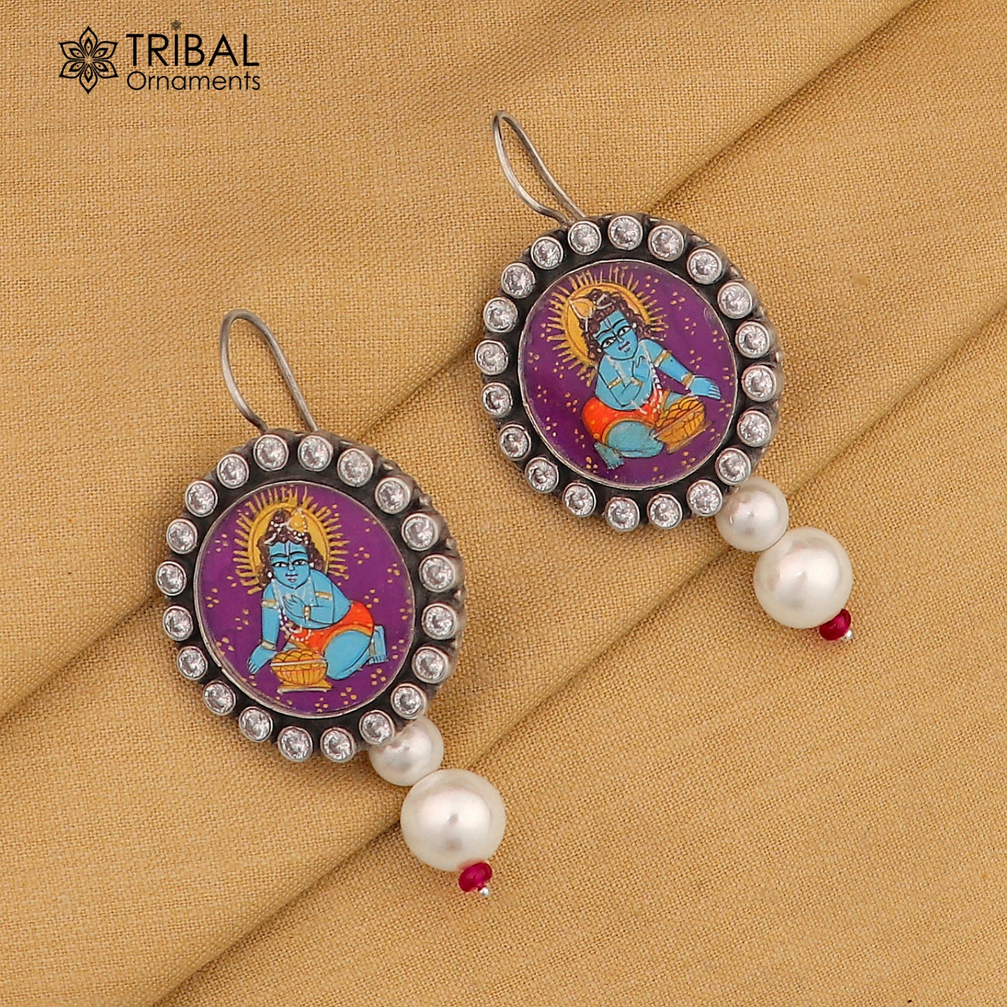 925 sterling silver Lord Krishna miniature art painting hoops earrings by Tribal Ornaments featuring detailed Krishna design.