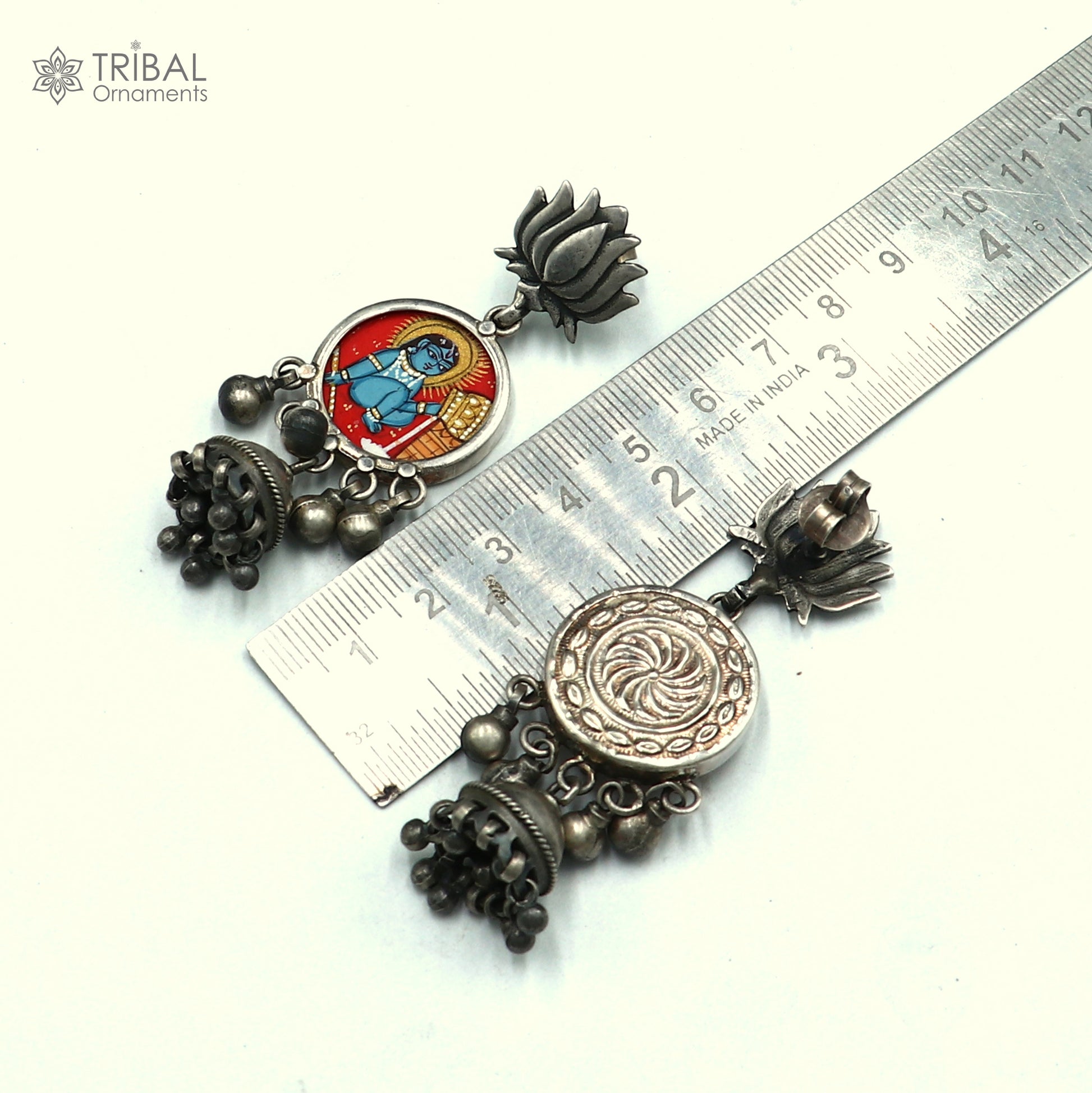 Sterling silver Lord Krishna miniature painting hoops earrings by Tribal Ornaments featuring detailed traditional artwork.