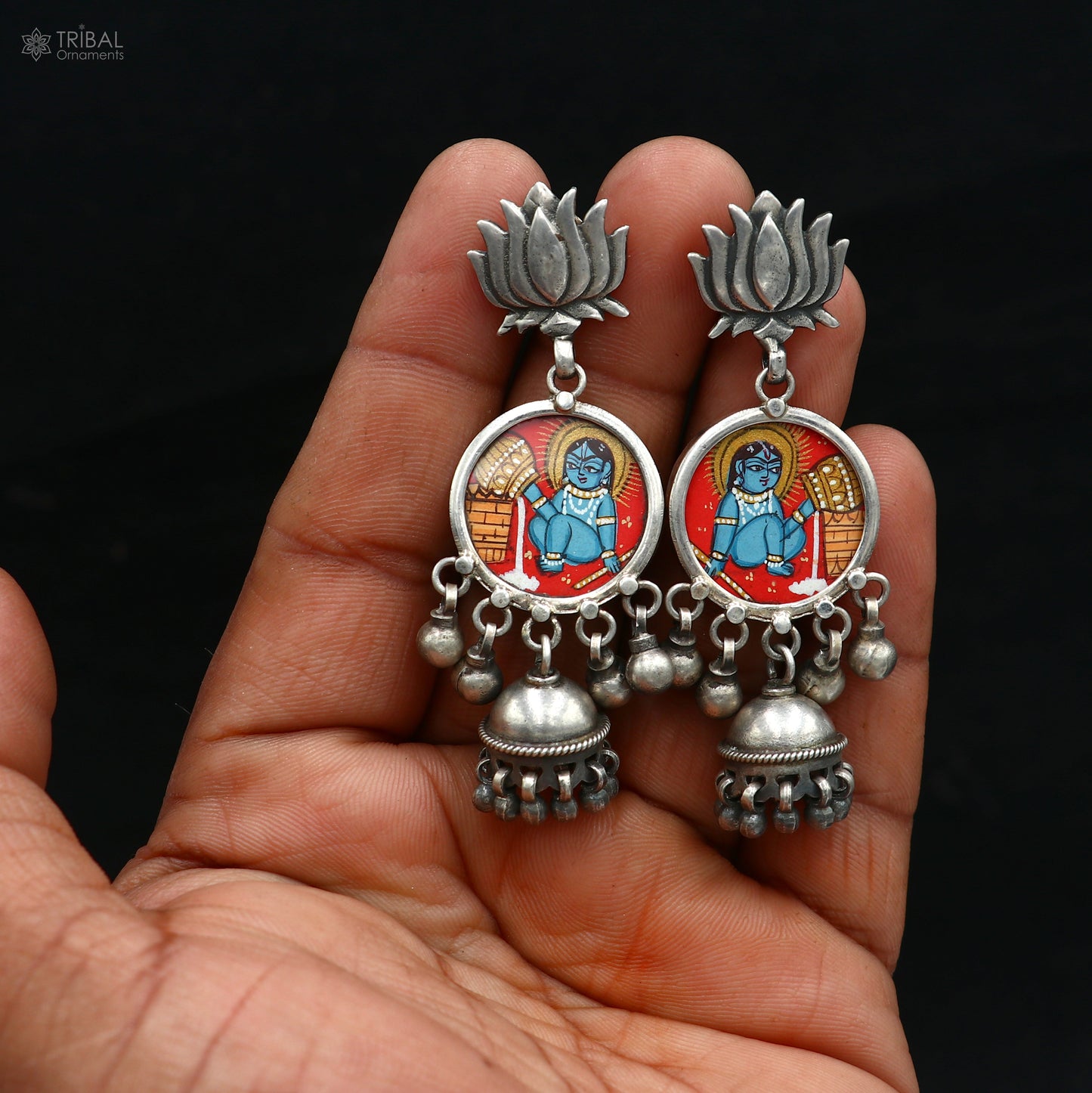 Sterling silver Lord Krishna miniature painting hoops earrings by TRIBAL ORNAMENTS with intricate artwork and traditional design.