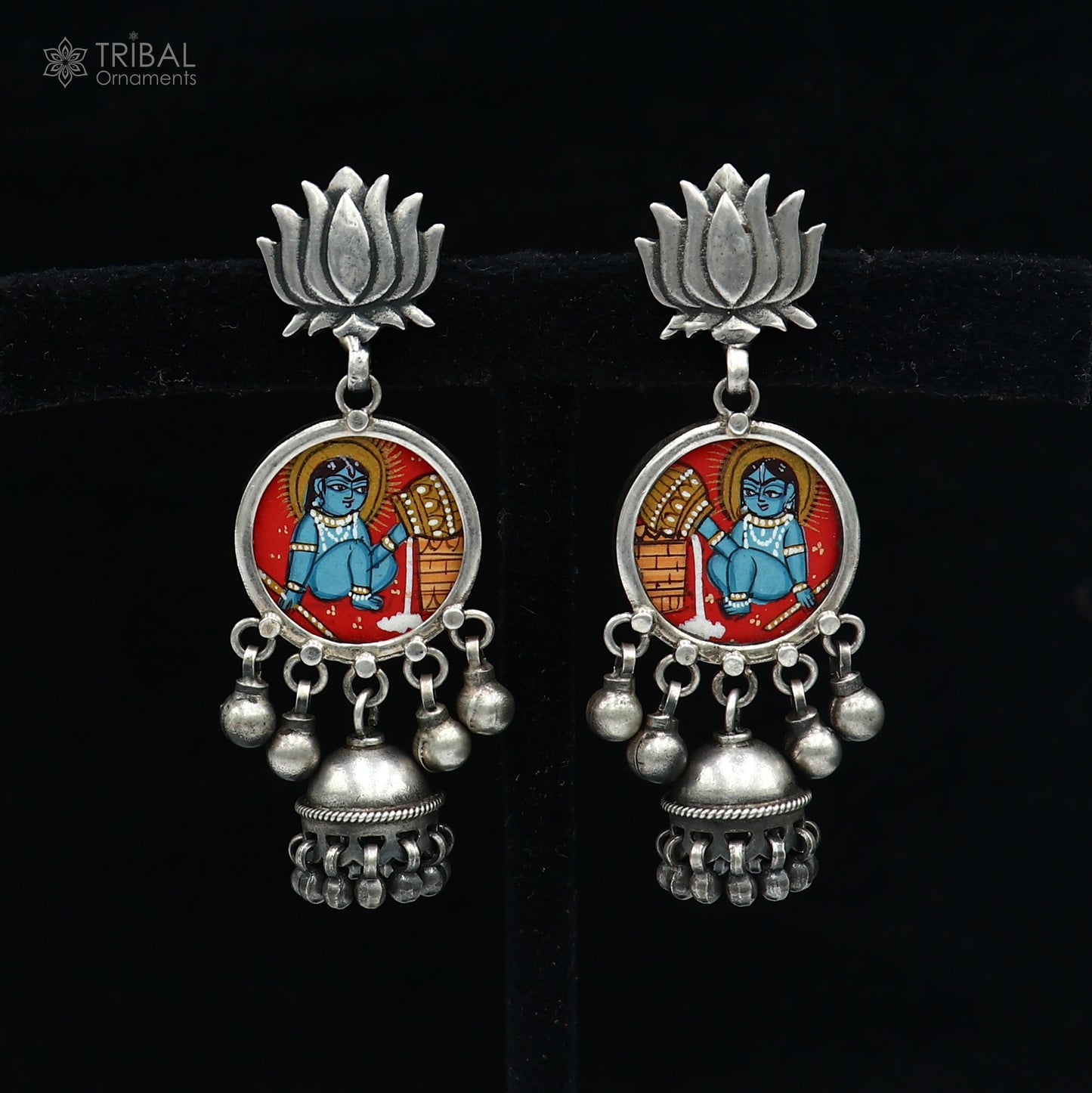 Sterling silver Lord Krishna miniature painting on hoops earrings by Tribal Ornaments, detailed religious jewelry design