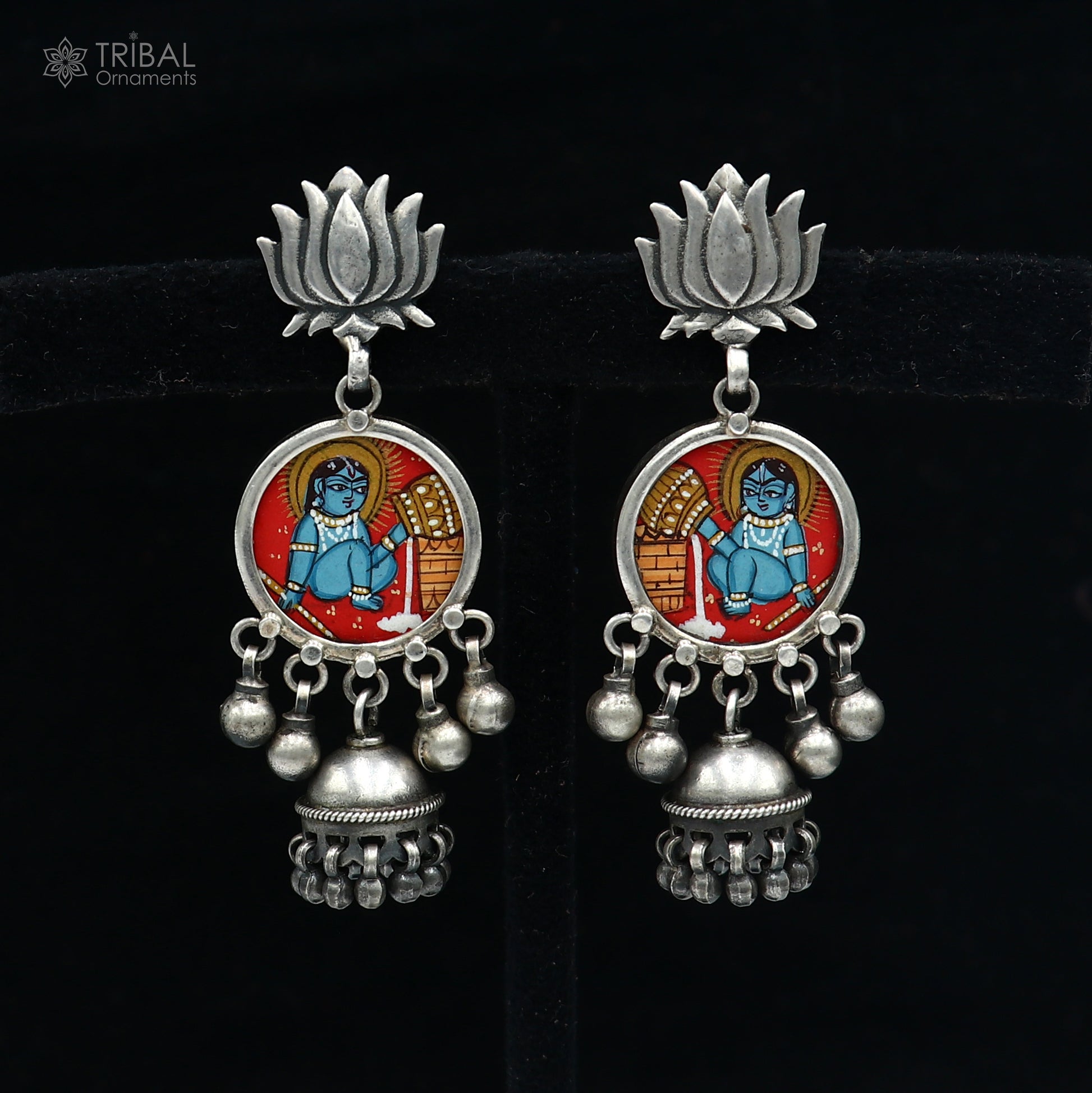 Sterling silver Lord Krishna miniature painting on hoops earrings by Tribal Ornaments, detailed religious jewelry design