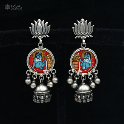 Sterling silver Lord Krishna miniature painting on hoops earrings by Tribal Ornaments, detailed religious jewelry design
