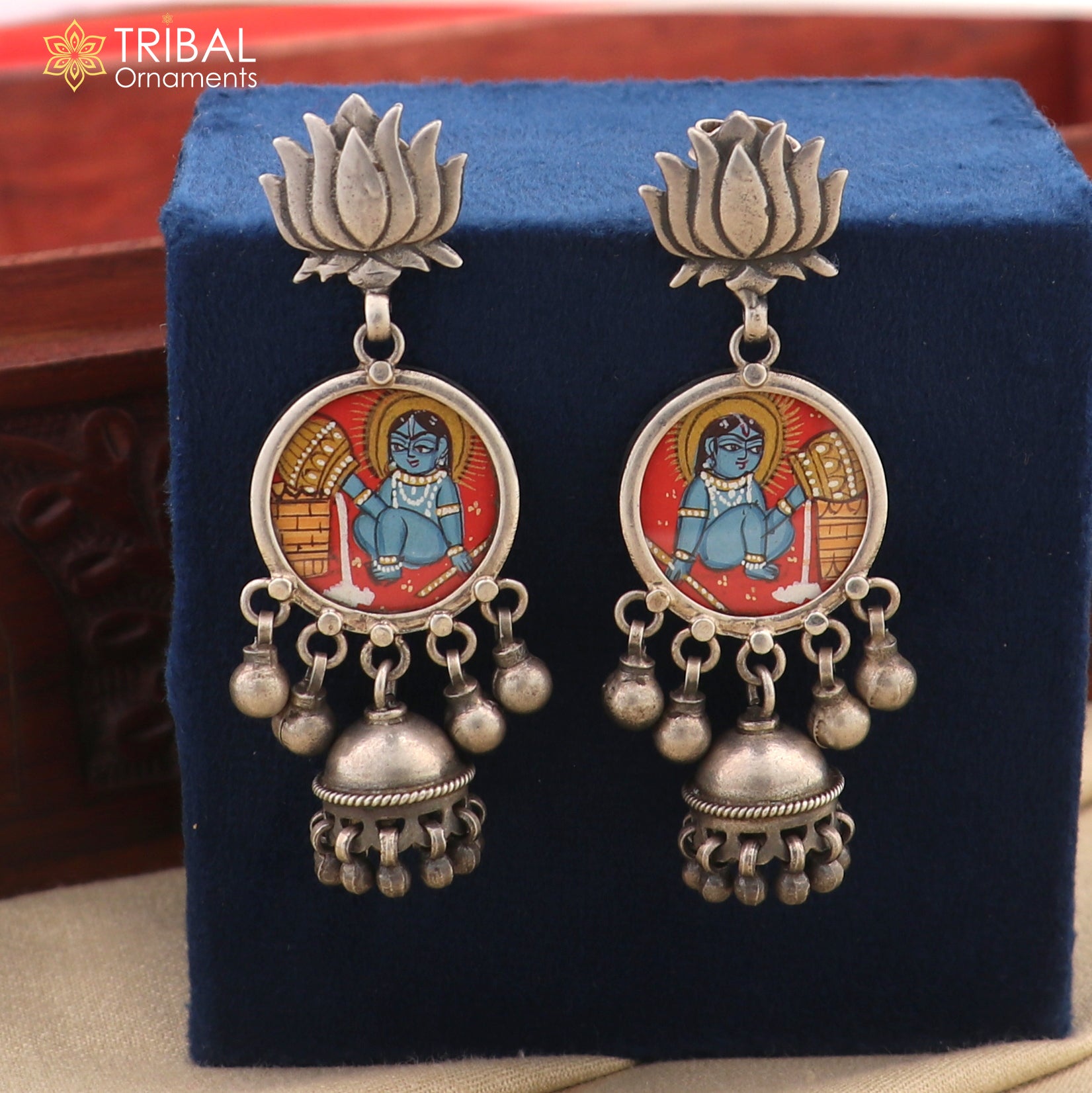 Sterling silver Lord Krishna miniature art painting hoops earrings by Tribal Ornaments featuring detailed Krishna artwork.