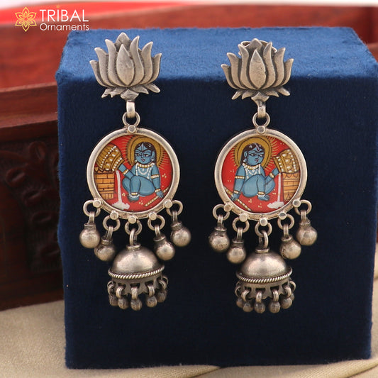 Sterling silver Lord Krishna miniature art painting hoops earrings by Tribal Ornaments featuring detailed Krishna artwork.