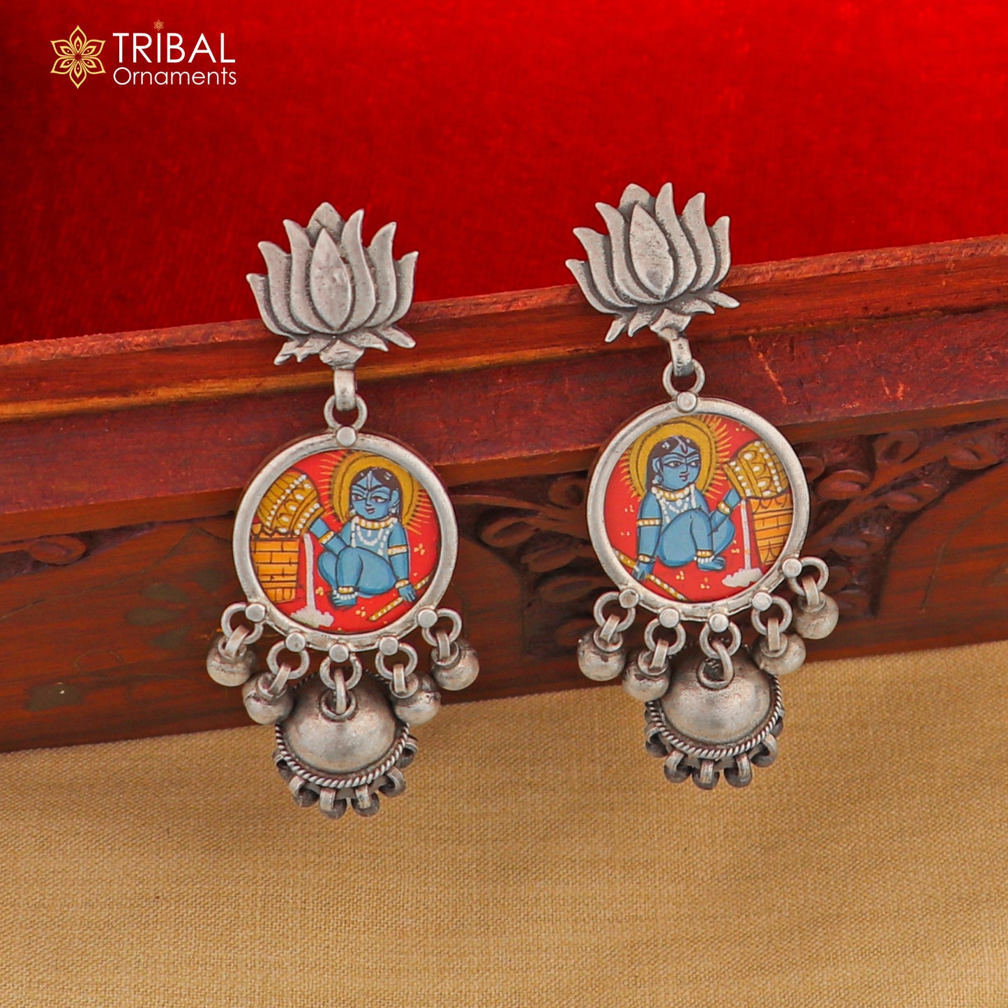 Sterling silver Lord Krishna miniature painting hoops earrings by TRIBAL ORNAMENTS with detailed spiritual art design.