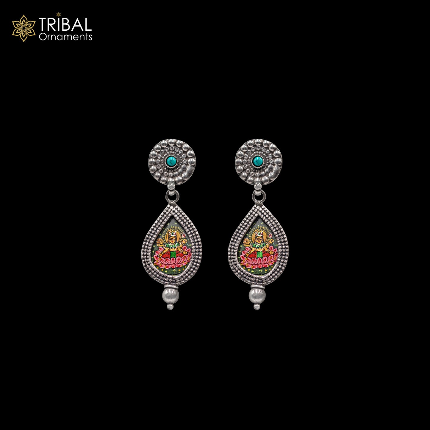 925 sterling silver lord Laxmi ji painting miniature art Painting  drop dangle earring s1356 - TRIBAL ORNAMENTS
