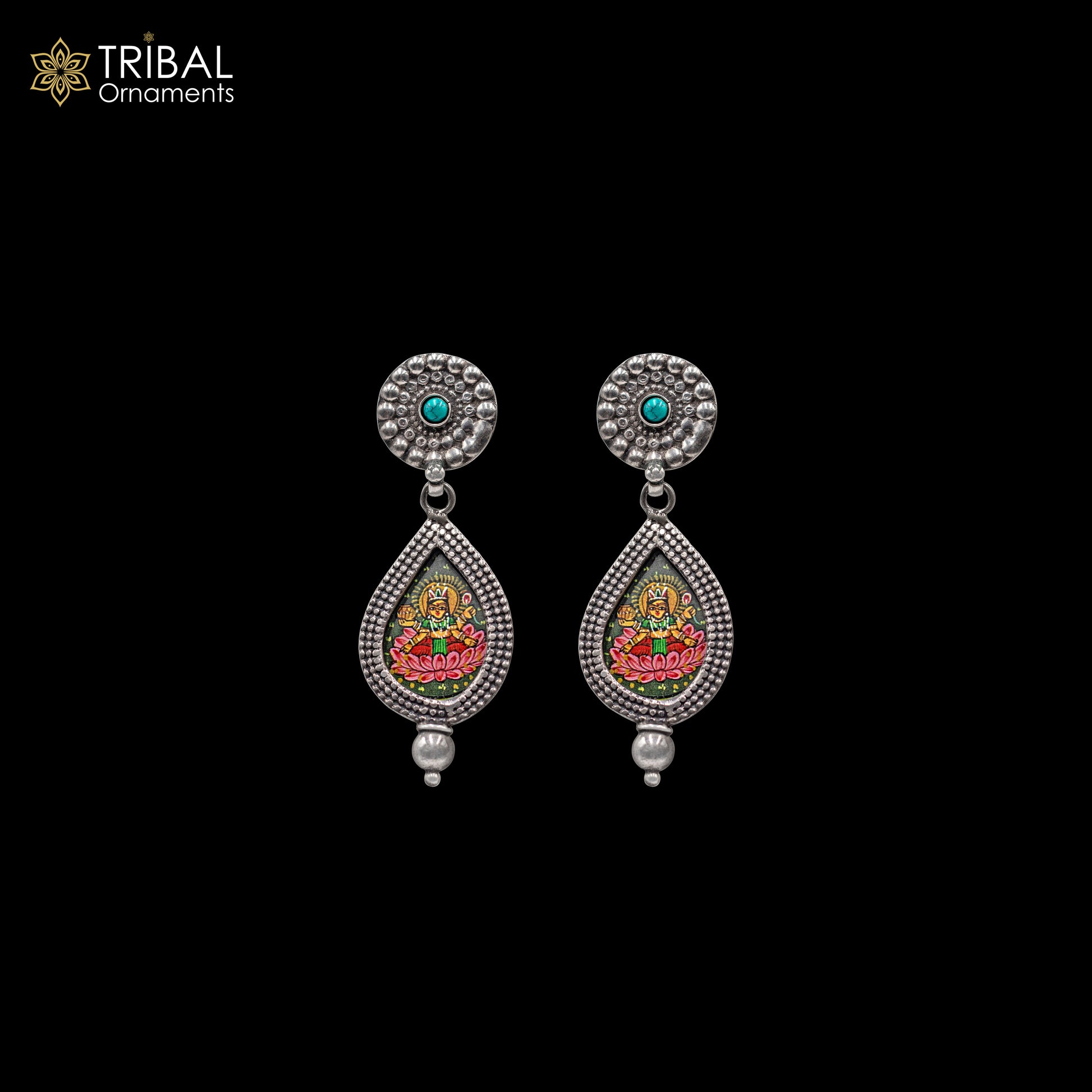925 sterling silver lord Laxmi ji painting miniature art Painting  drop dangle earring s1356 - TRIBAL ORNAMENTS