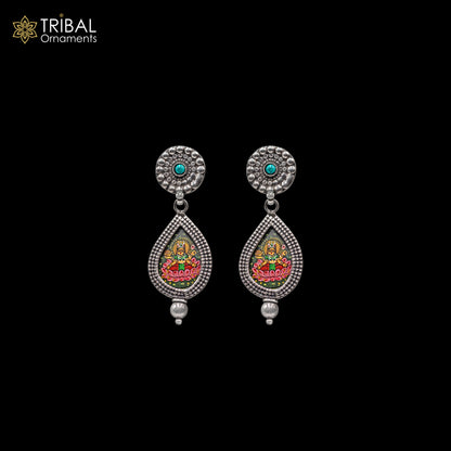 925 sterling silver lord Laxmi ji painting miniature art Painting  drop dangle earring s1356 - TRIBAL ORNAMENTS